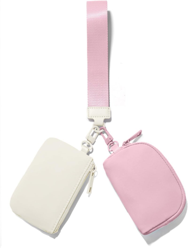 Viverte Mini Zip Around Keychain Wristlet Wallets Small Portable Dual Pounch Wristlet Detachable Coin Purse Pocket Gifts for Women Travel Sports Outdoors (Cream White+Pink) - Image 1